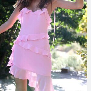 ADEIRLINA PINK RUFFLE TIE SPAGHETTI STRAPS ASYMMETRICAL MINI DRESS - XS